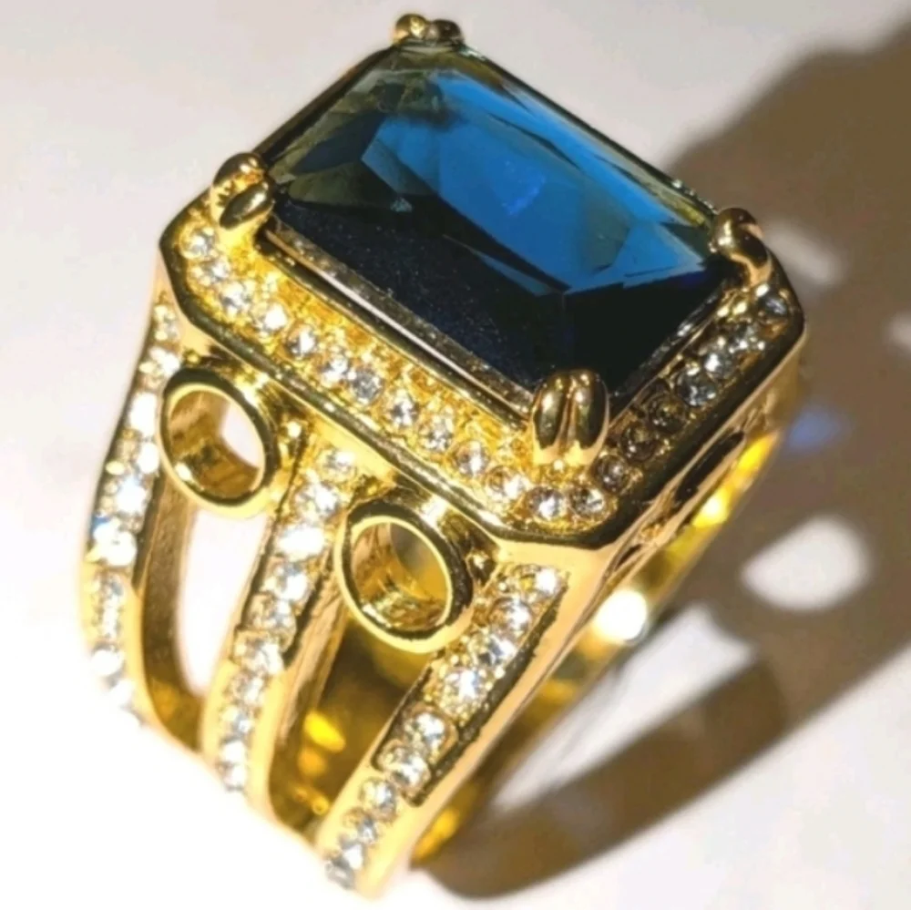8ct Emerald Lab Created Blue Sapphire Mens Wedding Ring 14k Yellow Gold Plated11